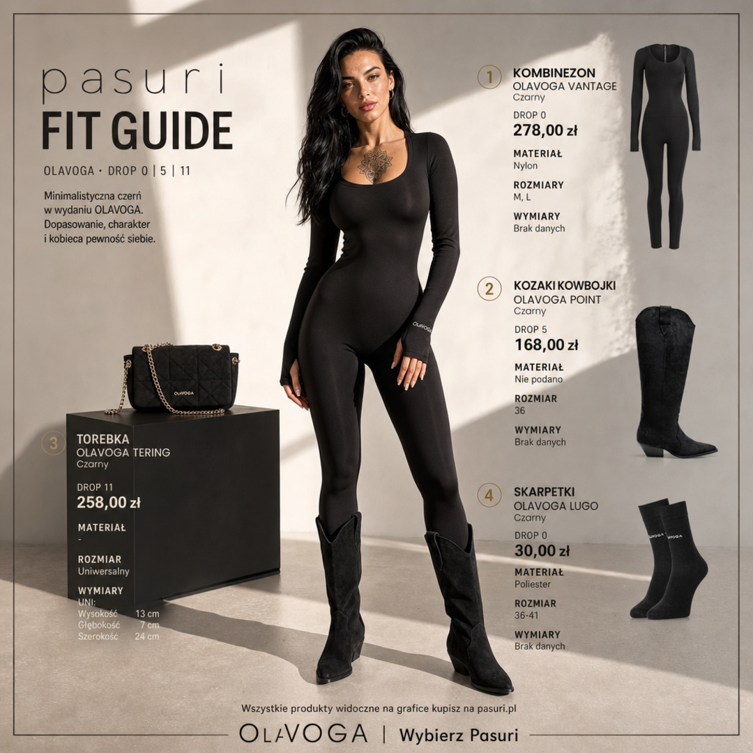PASURI FIT GUIDE: Kombinezon damski dopasowany OLAVOGA VANTAGE Czarny, Kozaki damskie kowbojki OLAVOGA POINT Czarny, Torebka damska OLAVOGA TERING Cza