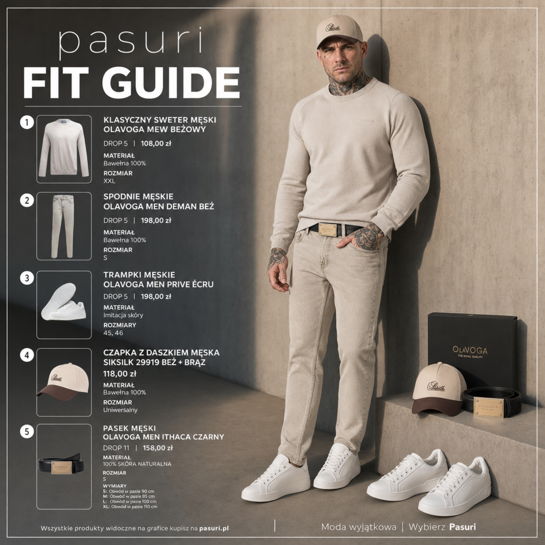 PASURI FIT GUIDE: Klasyczny sweter męski OLAVOGA MEW Beżowy, Spodnie męskie OLAVOGA Men DE