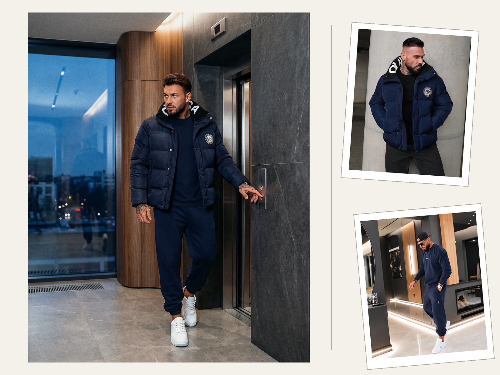 Granatowa stylizacja o zmierzchu: pikowana kurtka, dres i sneakersy w jednym rytmie